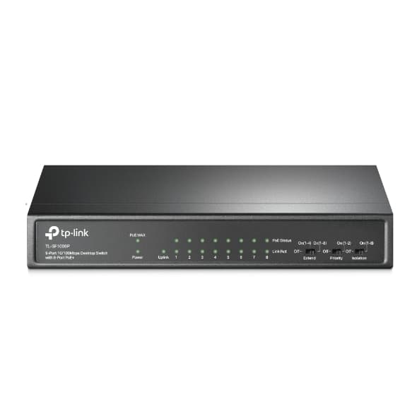 Switch TPLINK PoE de escritorio de 9 puertos a 10/100 Mbps con PoE + de 8 puertos, 8 puertos PoE + de 10/100 Mbps,, vista 1