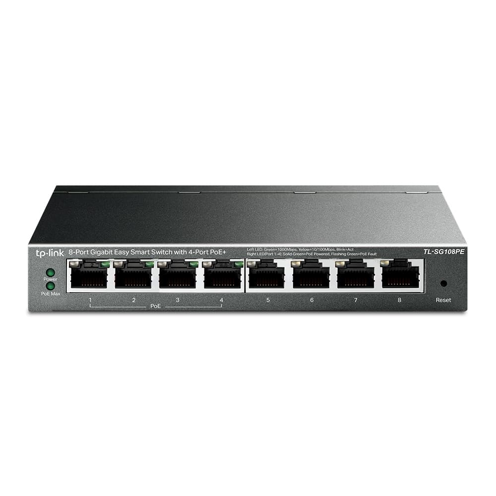 Switch TPLINK Easy Smart de 8 puertos Gigabit con 4 puertos PoE, vista 1