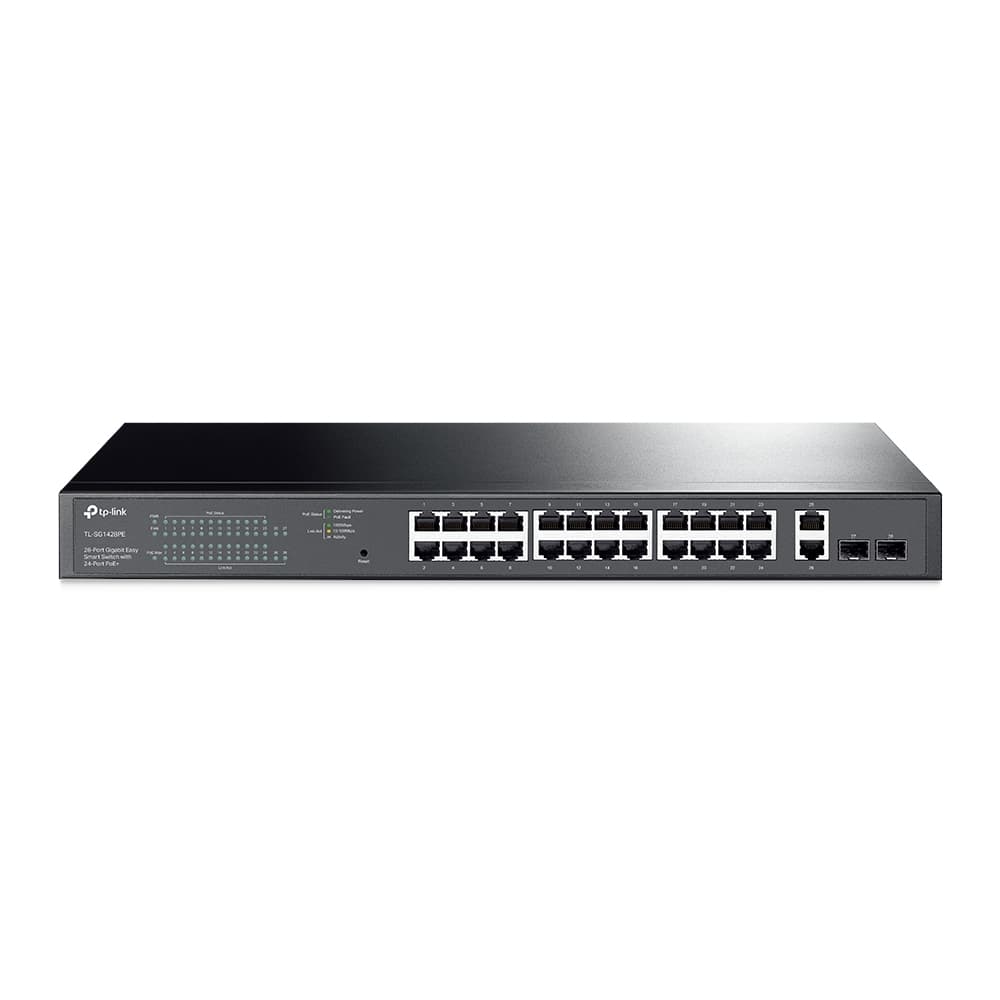 Switch TPLINK PoE Easy Smart Gigabit de 28 puertos con PoE, vista 1