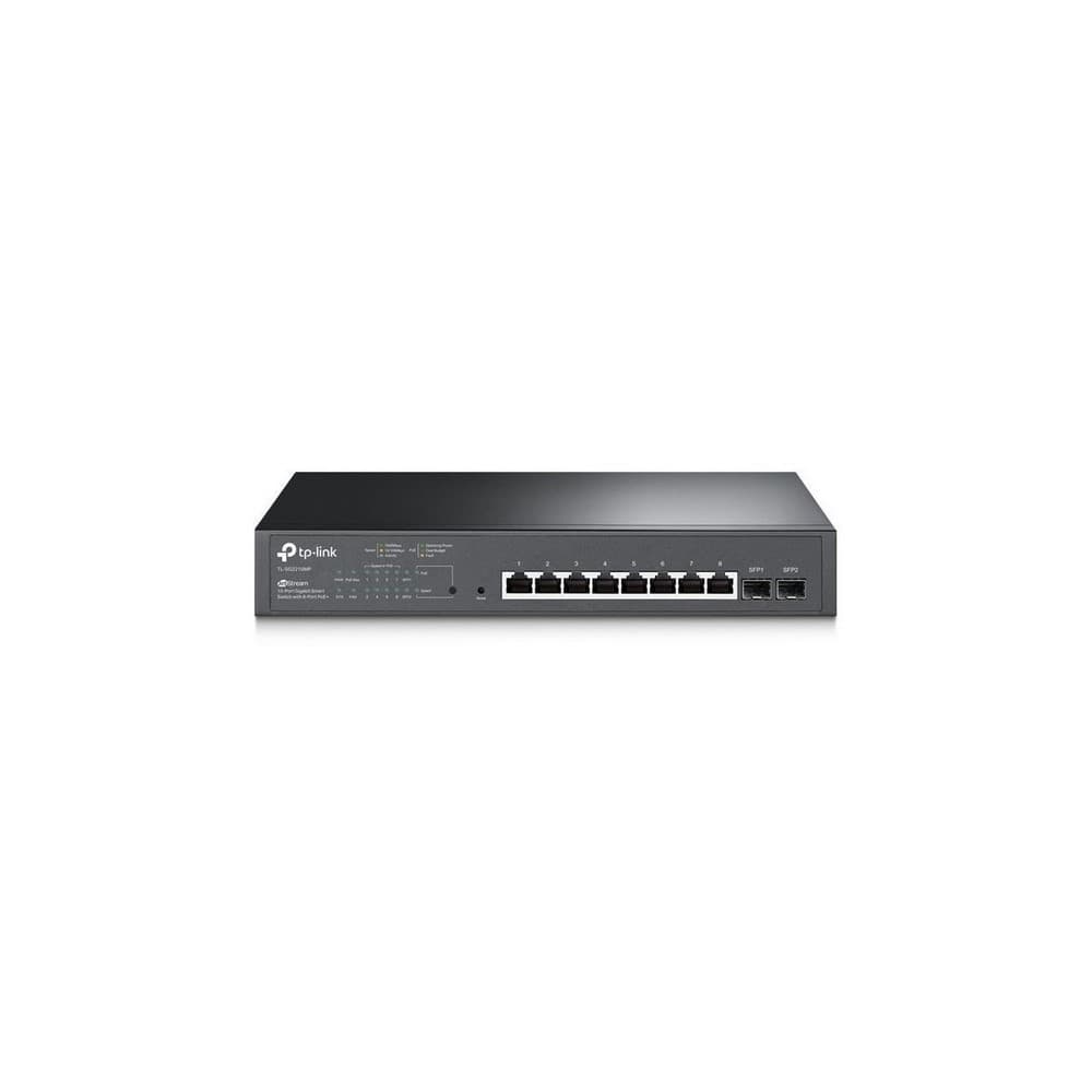 Switch TPLINK administrable con 8 puertos Gigabit RJ45 PoE y 2 ranuras SFP, vista 1