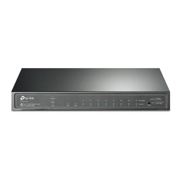 Switch Administrable Gigabit PoE  de 8 puertos, 8 puertos Gigabit RJ45, 2 ranuras SFP, 802.3af, alimentación PoE 53Watts, vista 1