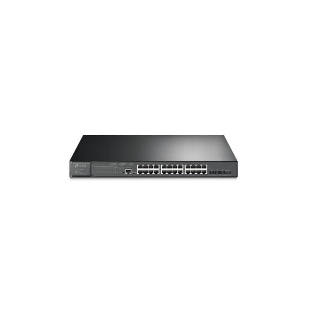 Switch TPLINK PoE administrable JetStream de 24 puertos Gigabit y 4 puertos 10GE SFP, vista 1