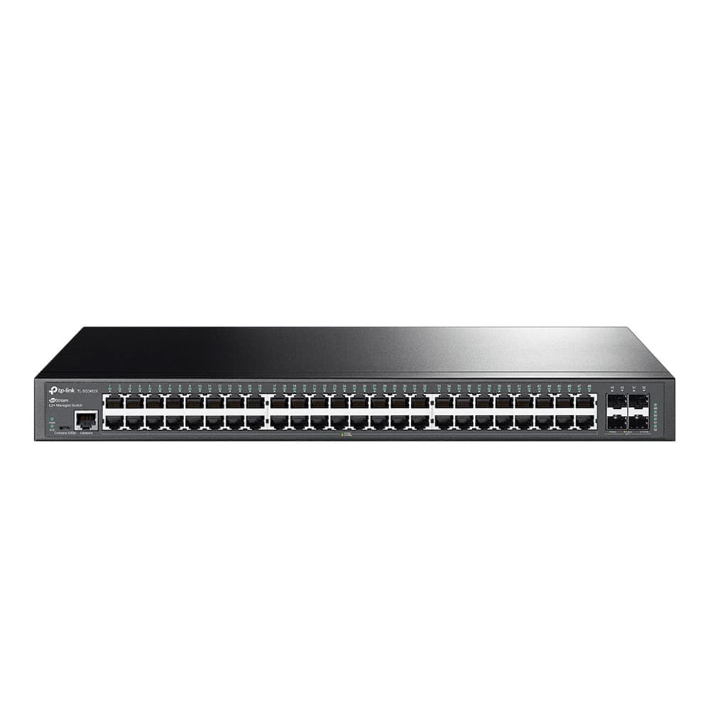 Switch TPLINK administrable JetStream™ de 48 puertos Gigabit L2+ con 4 ranuras 10GE SFP+ PUERTO: 48× puertos RJ45 Gigabit, 4× ranuras SFP+ 10G, puerto de consola RJ45/Micro-USB, vista 1