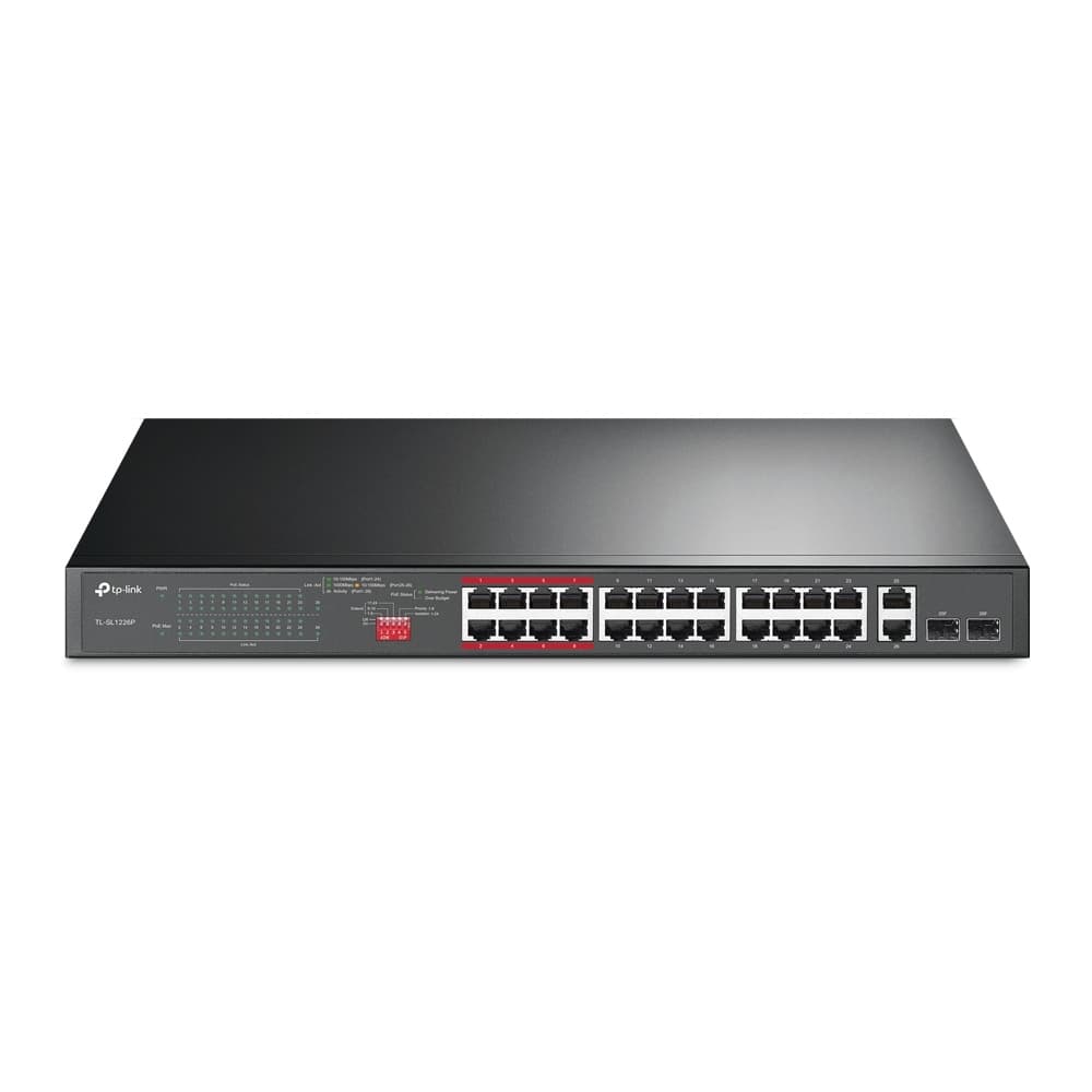 Switch TPLINK 24-Puertos 10/100Mbps + 2-Port Gigabit PoE+ No Gestionable, vista 1