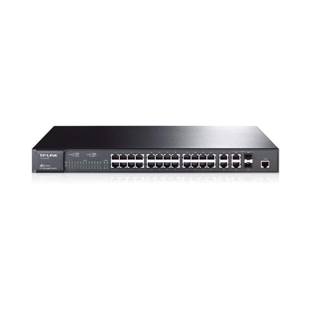 Switch TP-LINK Administrable L2 de 24-Puertos de 10/100Mbps + 4 Puertos Gigabit JetStream, vista 1