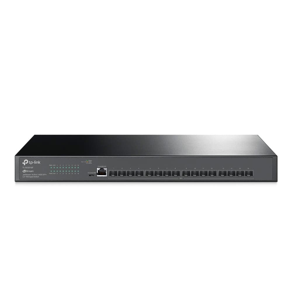 Switch TPLINK administrable JetStream™ de 16 puertos 10GE SFP+ L2+ PUERTO: 16× ranuras SFP+ de 10G, puerto de consola RJ45/Micro-USB CARACTERÍSTICAS: Carcasa de acero de 19 pulgadas para montaje en bastidor, vista 1