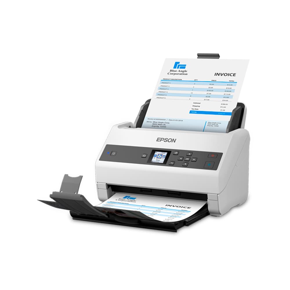 Escáner Epson WorkForce DS-970 vertical/Pantalla LCD/velocidad: 300dpi 85 ppm/130 ipm (Dúplex) /ADF hasta 80 paginas/ciclo diario hasta 9,000 paginas/USB3, vista 1