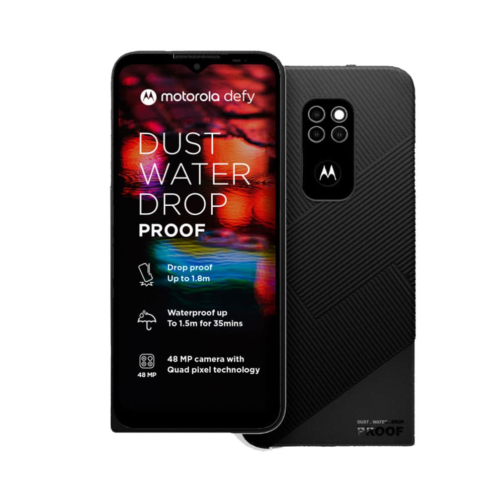 Celular Motorola Defy Negro, Pantalla 6,5" HD+ protegida por Corning® Gorilla® Glass Victus™. Se puede usar con dedos mojados, Memoria de 64GB de ROM y 4GB de RAM, Camaras de 48MP+2MP+2MP, Frontal 8MP. Procesador Qualcomm 2GHZ, sensor de huella, bateria de 5000mAh. Android 11. Sensores: Proximidad, luz ambiente, acelerómetro, giroscopio, eCompass,, vista 1