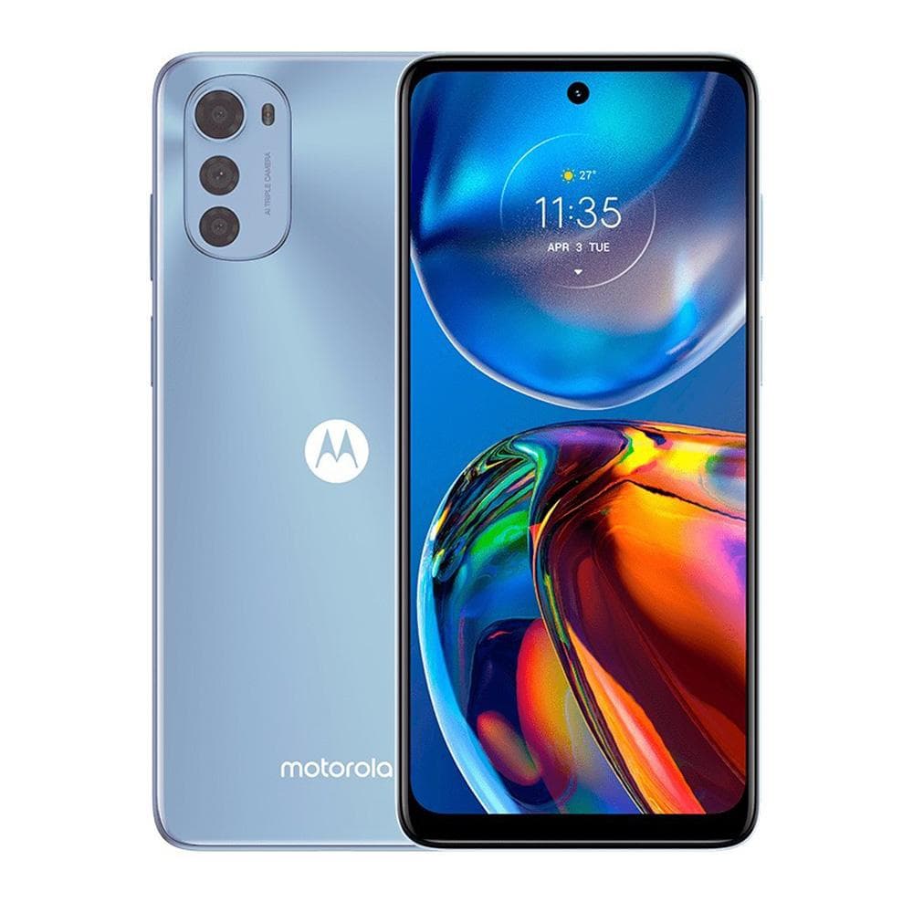 Celular Motorola e32 azul, sistema operativo Android 11, memoria de 64GB expandible hasta 1 TB y 4GB RAM, vista 1