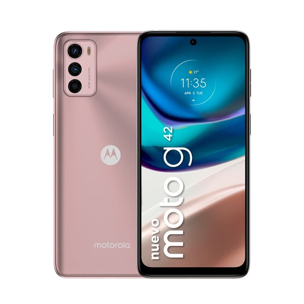 Celular Motorola g42 rosado, sistema operativo Android 12, memoria de 128GB expandible hasta 1 TB y 4GB RAM, vista 1