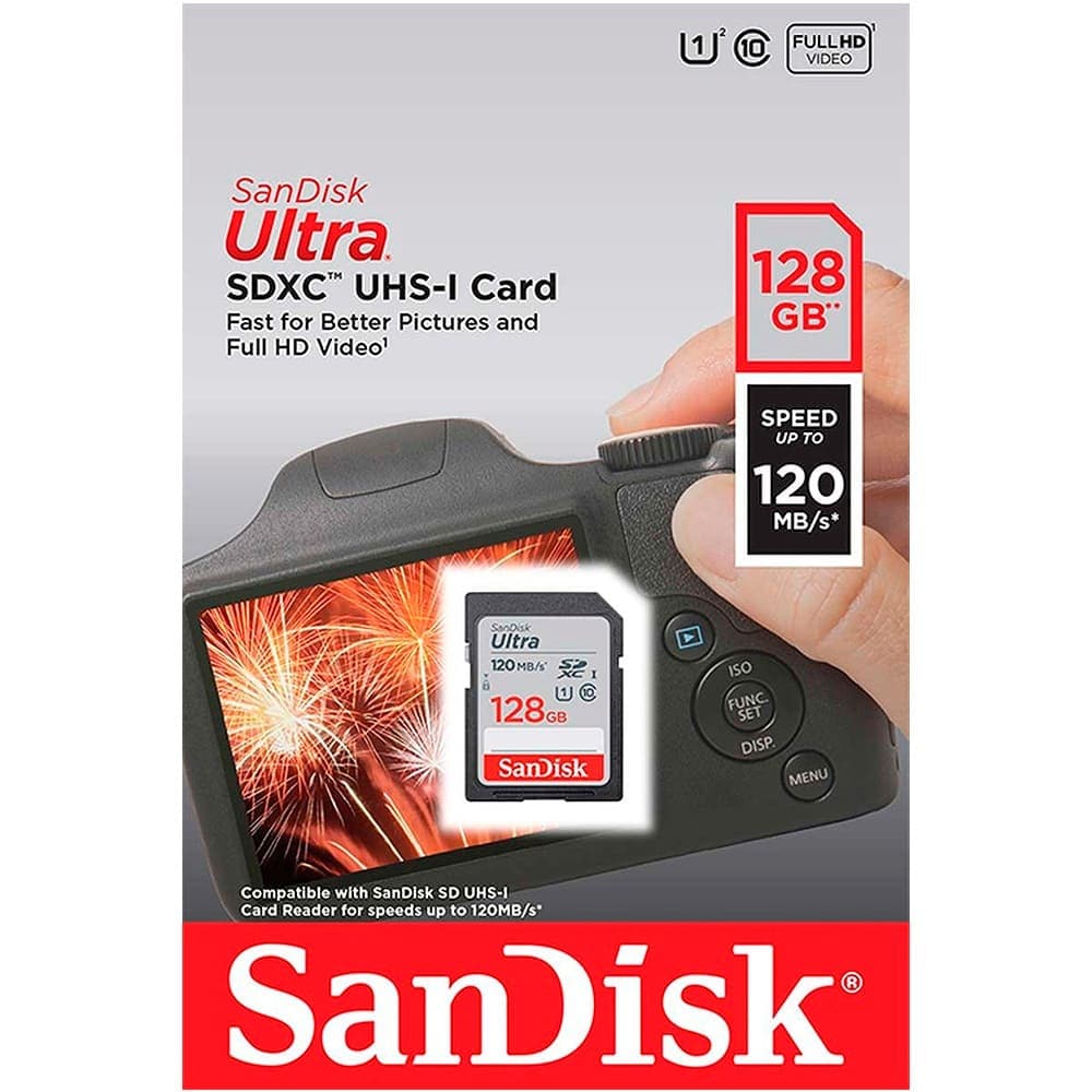 Tarjeta SD SanDisk Ultra 128GB SDHC/SDXC UHS-I hasta 120Mb/s C10 U1, vista 1