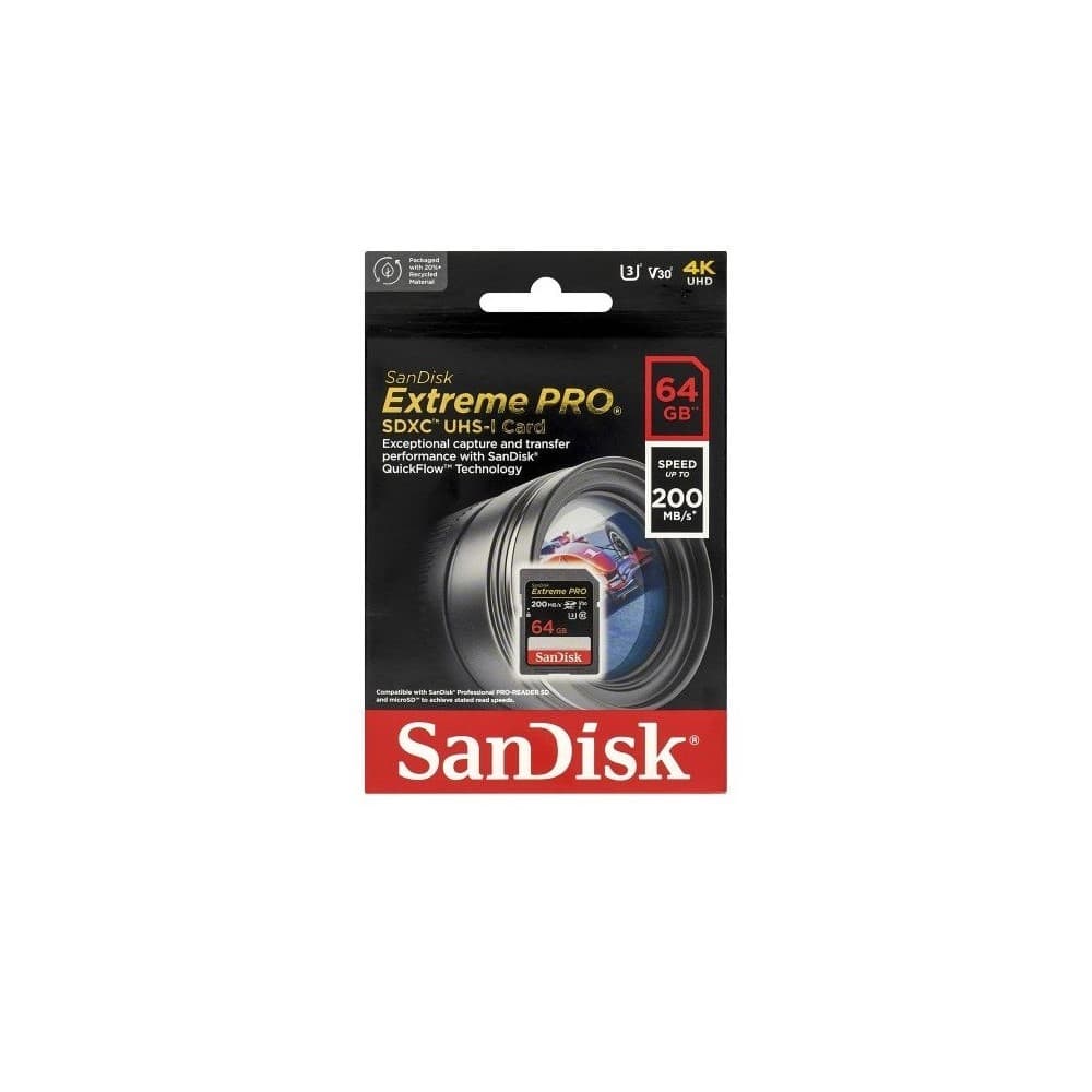 Tarjeta SD SanDisk Extreme PRO 64GB SDXC UHS-I Hasta 200 Mb/s C10,U3,V30, vista 1