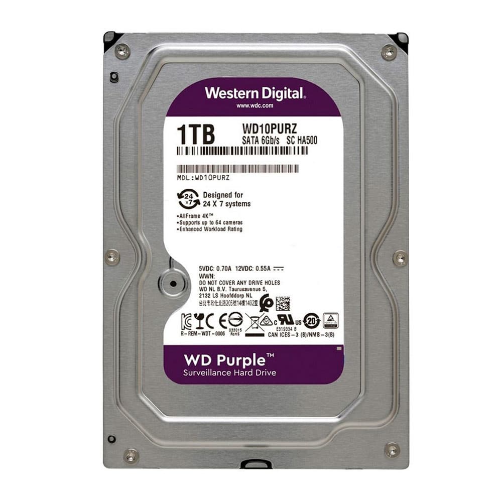Disco Duro Western Digital PURPLE 1TB 5400RPM SATA 6Gbs Cache 64 MB 3,5in videovigilancia trabajo 24/7, vista 1